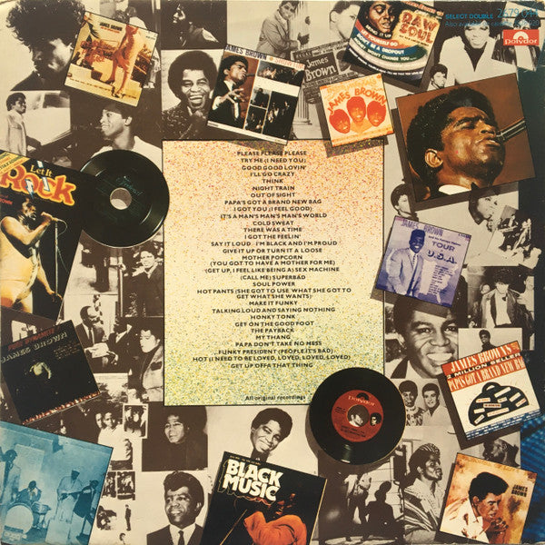 Image of Back Cover of 2xLP - VG/VG+ - JAMES BROWN, Solid Gold - 30 Golden Hits (Polydor; 2679 044, UK 1977, Gatefold, Mono & Stereo), Sticker damage to sleeve.,  - 2316291C