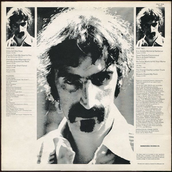 Image of Back Cover of LP - G+/G+ - THE MOTHERS OF INVENTION, Weasels Ripped my Flesh (Reprise Tan Steamboat Labels; RSLP2028, UK 1970), Light marks only, Edge wear, Stain on rear sleeve. ,  - 2216317C