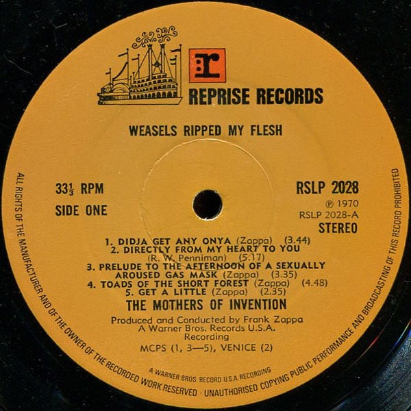 Image of Label Cover of LP - G+/G+ - THE MOTHERS OF INVENTION, Weasels Ripped my Flesh (Reprise Tan Steamboat Labels; RSLP2028, UK 1970), Light marks only, Edge wear, Stain on rear sleeve. ,  - 2216317C