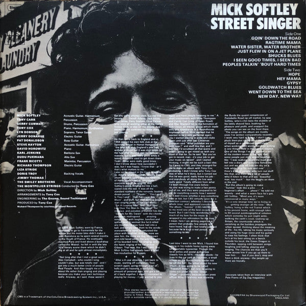 Image of Back Cover of LP - VG+/VG+ - MICK SOFTLEY, Street Singer (CBS Orange (33 1/3 On Label); 64395, UK 1971), Company Inner,  - 2826216E