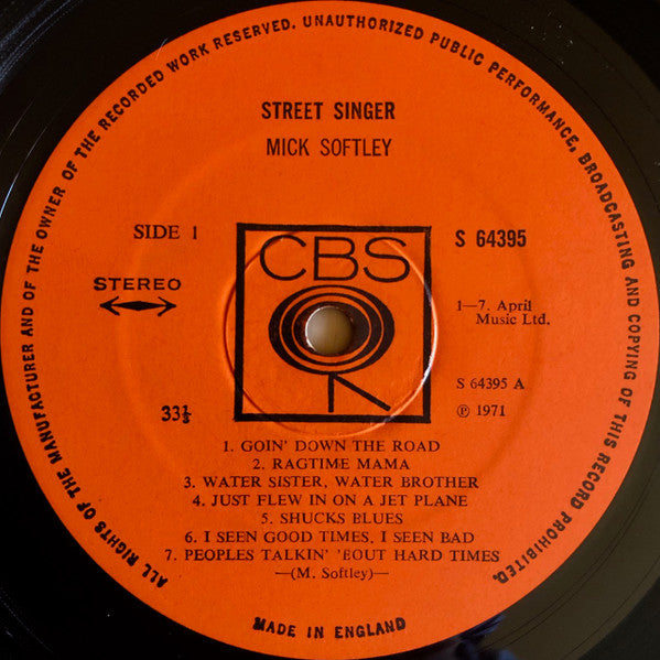 Image of Label Cover of LP - VG+/VG+ - MICK SOFTLEY, Street Singer (CBS Orange (33 1/3 On Label); 64395, UK 1971), Company Inner,  - 2826216E