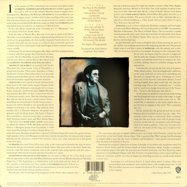 Image of Back Cover of LP - VG/G+ - PAUL SIMON, Graceland (Warner Bros. Records WX52 On Labels, GEMA/BIEM Rights Box; 925 447-1, Europe 1986, Embossed Sleeve, Inner), Some scuffs on sleeve from sticker residue. Hairlines on disc.,  - 1946266S