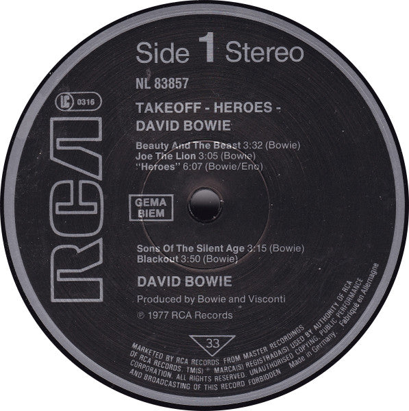 Image of Label Cover of LP - VG/VG - DAVID BOWIE, "Heroes" / Takeoff - Heroes (RCA International Black Labels; NL 83857, UK & Europe 1983 Reissue, GEMA Over BIEM On Labels, INTS 5066 Cat No. Sticker On Rear Sleeve), Strong VG,  - 2226261E