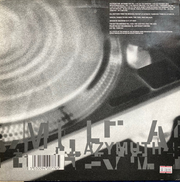 Image of Back Cover of 12" - VG/G+ - AZYMUTH, Jazz Carnival Party One of Two (Far Out Recordings; FARO 012, UK 1996, Picture Sleeve), Quite a few marks on either side of record. Sleeve has some creasing and edge wear.,  - 3046136S