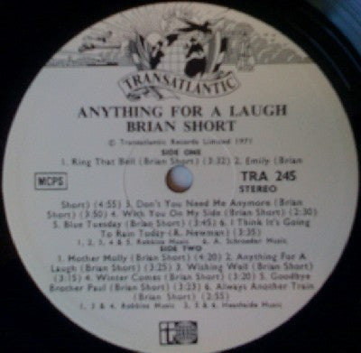 Image of Back Cover of LP - VG/VG - BRIAN SHORT, Anything For A Laugh (Transatlantic Picture Label; TRA245, UK 1971, Textured Gatefold), Light hairlines. Ring and edge wear. Slight staining/yellowing. Writing inside gatefold.,  - 1446274S