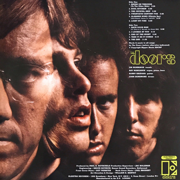 Image of Back Cover of LP - NEW/NEW - THE DOORS, The Doors (Rhino; 0081227986506, Europe 2009 Reissue, Company Inner, 180 Gram Vinyl Stereo), , First released in January 1967, The Doors is one of rock music's most famous debuts. It delivered the number 1 signature smash Light My Fire, plus Break On Through, The Crystal Ship, and The End. The Doors' revolutionary self-titled debut LP instantly won over fans and critics alike, heralding the arrival of one of rock's all-time most original bands. Through five m