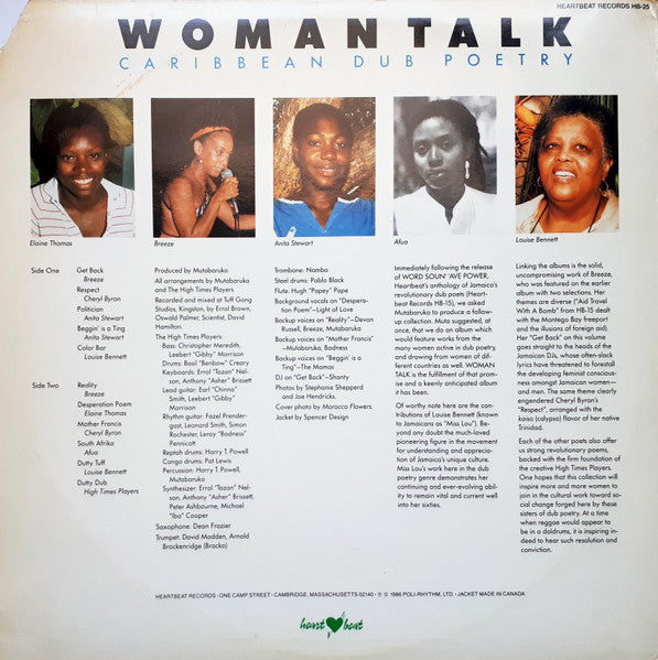 Image of Back Cover of 2514480C: LP - VARIOUS ARTISTS, Woman Talk Caribbean Dub Poetry (Heartbeat; HB25, US 1986)   VG+/VG+