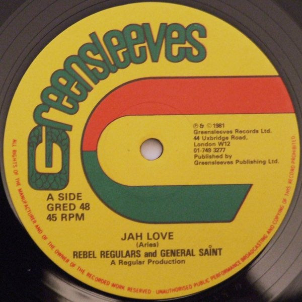 Image of Label of 3624324E: 12" - REBEL REGULARS & GENERAL SAINT, Jah Love (Greensleeves Records; GRED48, UK 1981, Company Sleeve) Covered in scuffs, plays through ok. SWOL.  VG/G+