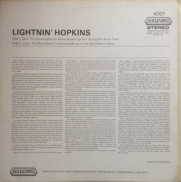 Image of Back Cover of LP - VG/G+ - LIGHTNIN' HOPKINS, Lightnin' Hopkins (Boulevard; 4001, UK 1971 Reissue, Laminated Front Sleeve), Sleeve has some scuffs, laminate lift, light staining, creases,  - 2816370C