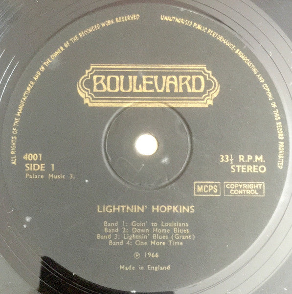 Image of Label Cover of LP - VG/G+ - LIGHTNIN' HOPKINS, Lightnin' Hopkins (Boulevard; 4001, UK 1971 Reissue, Laminated Front Sleeve), Sleeve has some scuffs, laminate lift, light staining, creases,  - 2816370C