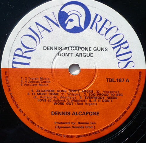 Image of Label Cover of 1544204S: LP - DENNIS ALCAPONE, Guns Dont Argue (Trojan; TBL187, UK 1971, Laminated Sleeve, Mono) Sleeve is taped up and has heavy wear. Disc has heavy wear and surface noise all the way through (but plays tuff!).  G/G