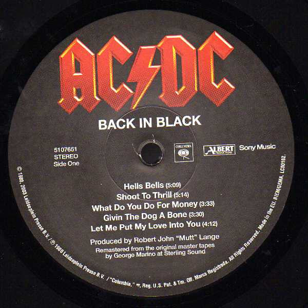 Image of Label Cover of LP - NEW/NEW - AC/DC, Back In Black (Sony; 5107651, UK 2009 Reissue, Embossed Sleeve, Inner), , "Back In Black" is the first AC/DC album with frontman Brian Johnson and the second best- selling album of all time! "You Shook Me All Night Long", "Hells Bells", and "Shoot to Thrill".  - 6056003S
