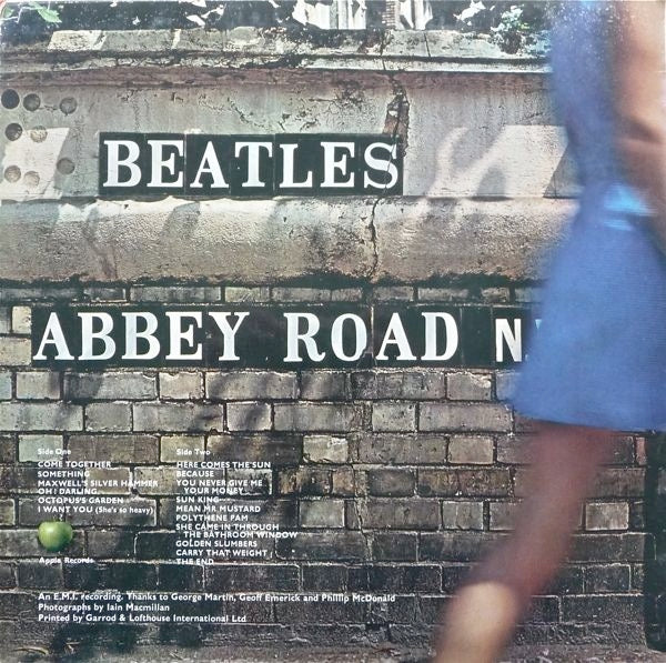 Image of Back Cover of 4644405S: LP - THE BEATLES, Abbey Road (Apple; PCS 7088, UK 1969, Laminated Sleeve, No Her Majesty Credit On Sleeve Or Label, Apple Logo Aligned, Yex 749-2 750-1) Cover is clean and intact with some delamination and sticker residue.   VG/G+