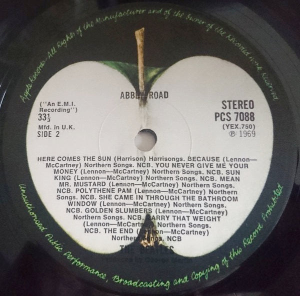 Image of Label Cover of 4644405S: LP - THE BEATLES, Abbey Road (Apple; PCS 7088, UK 1969, Laminated Sleeve, No Her Majesty Credit On Sleeve Or Label, Apple Logo Aligned, Yex 749-2 750-1) Cover is clean and intact with some delamination and sticker residue.   VG/G+