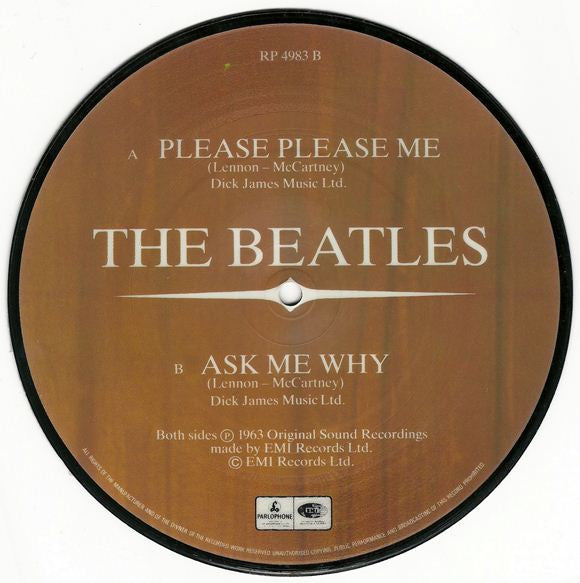 Image of Back Cover of 2154034S: 7" - THE BEATLES, Please Please Me / Ask mw Why (Parlophone; RP4983, UK 1983, Clear Plastic Sleeve, 30th Anniversary Picture Disc)   /VG