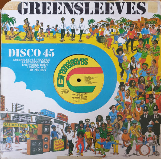 Image of Front Cover of 0416149C: 12" - RANKING DREAD, Shut Me Mouth / Shut Up Shut Up (Greensleeves Records; GRED 82, UK 1982, Company Sleeve) Lots of marks and scuffs, background crackle throughout.   G+/G