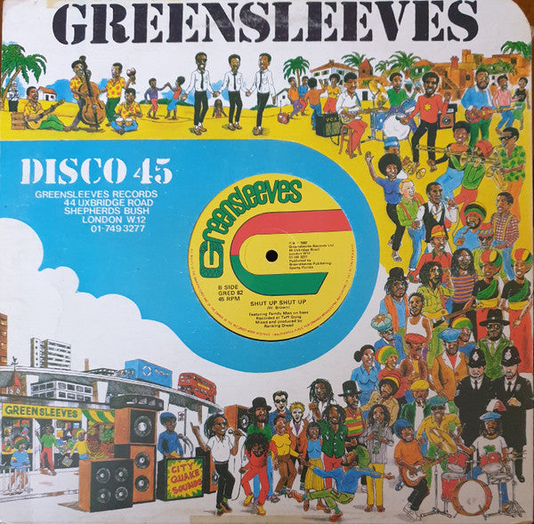 Image of Back Cover of 12" - G+/G - RANKING DREAD, Shut Me Mouth / Shut Up Shut Up (Greensleeves Records; GRED 82, UK 1982, Company Sleeve), Lots of marks and scuffs, background crackle throughout. ,  - 0416149C
