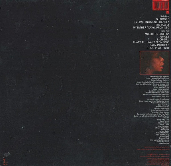 Image of Back Cover of LP - G+/VG - NINA SIMONE, Baltimore (Epic; 460730 1, UK 1988 Reissue), Hairlines. Edge and ring wear, tear of about an inch to opening edge, creasing. With company inner.,  - 4146253S