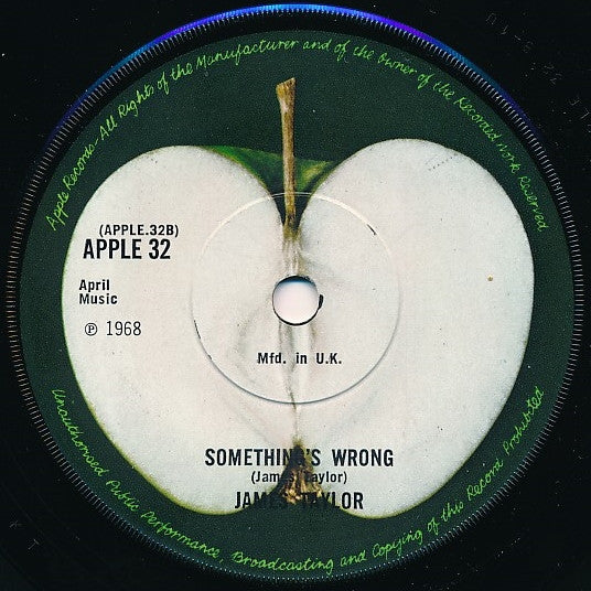Image of Back Cover of 3125166E: 7" - JAMES TAYLOR, Carolina In My Mind / Something's Wrong (Apple; APPLE32, UK 1968, Company Sleeve, Solid Centre) A few light marks on the vinyl. Sleeve is a bit creased.  VG/VG