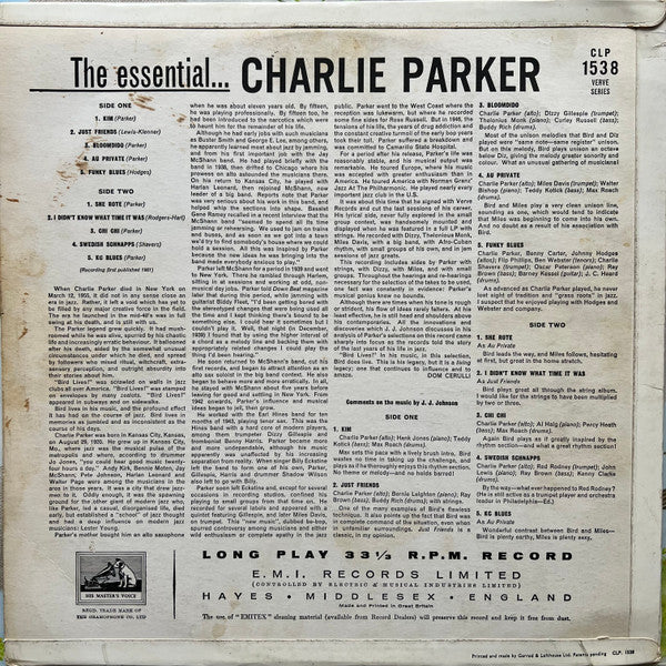 Image of Back Cover of LP - VG/VG - CHARLIE PARKER, The Essential Charlie Parker (HMV - Verve Series; CLP 1538, UK 1961, Flipback Sleeve, Mono), ,  - 1626094E