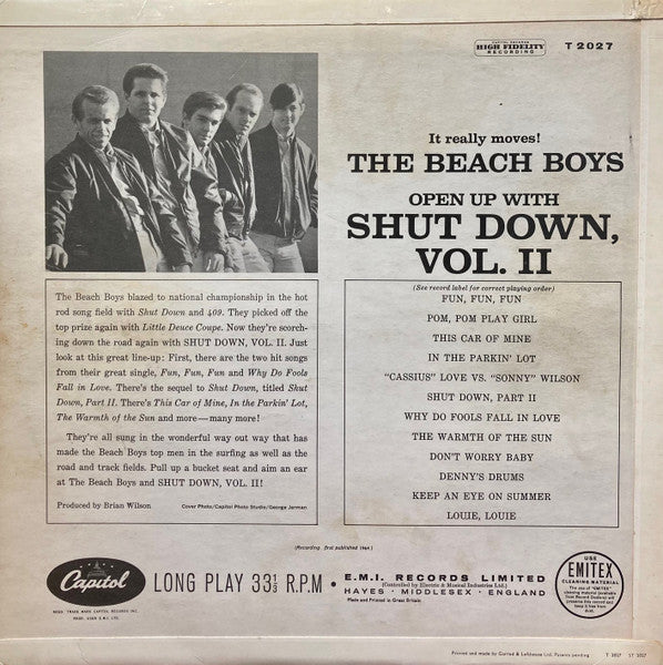 Image of Back Cover of LP - VG/VG - THE BEACH BOYS, Shut Down Vol 2 (Capitol; T 2027, UK 1964, Laminated Front Sleeve, Mono), ,  - 3226313E
