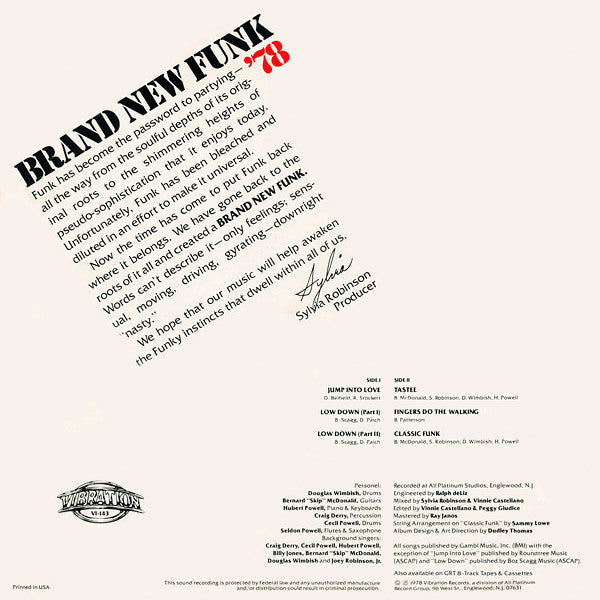 Image of Back Cover of 3024205E: LP - BRAND NEW FUNK, Brand New Funk '78 (Vibration; VI-143, US 1978, Picture sleeve) Marks on disc. Some wear to sleeve.  VG/VG