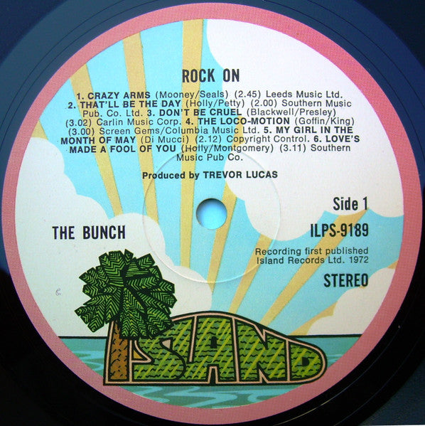 Image of Label Cover of 2745321S: LP - THE BUNCH, Rock On (Island Pink Rim; ILPS 9189, UK 1972, Die Cut Sleeve, No Flexi) Creased Die Cut  VG/VG