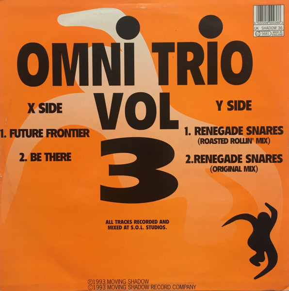 Image of Back Cover of 12" - G+/G - OMNI TRIO, Renegade Snares - Vol 3 (Moving Shadow; SHADOW 36, UK 1993, Picture Sleeve), Lots of marks and scuffs on disc, close to G+, sleeve has lots of general wear, creasing and ringwear.,  - 1516025C