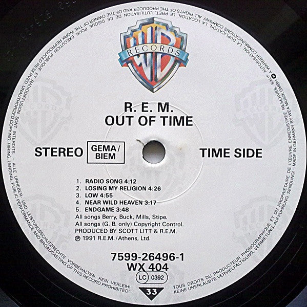 Image of Label Cover of 5124337E: LP - R.E.M., Out Of Time (Warner Bros. Records; 7599-26496-1, Europe 1991, Inner, Full-Rim Label Text.)   VG+/VG