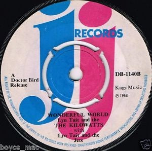 Image of Back Cover of 7" - /G+ - THE KILOWATTS, Wonderful World / Bring It On Home (JJ Records; DB-1140, UK 1968, Plain Sleeve, A Doctor Bird Release), Light, superficial marks - plays nicely. Centre intact.,  - 1916455C