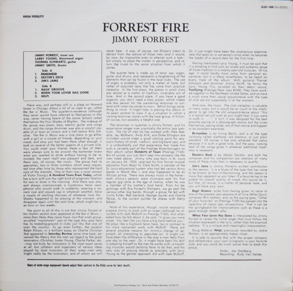 Image of Back Cover of LP - VG+/VG+ - JIMMY FORREST, Forrest Fire (Prestige; OJC199, US 1985 Reissue), One light hairline each side. Sleeve still in opened shrink.,  - 4126001E