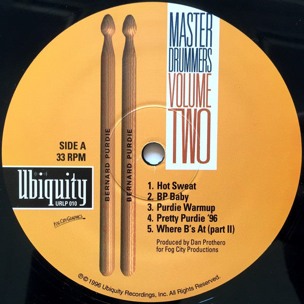 Image of Label Cover of LP - VG/VG - BERNARD PURDIE, Master Drummers Volume Two (Ubiquity; URLP 010, US 1996), Solid VG throughout.,  - 3616443C