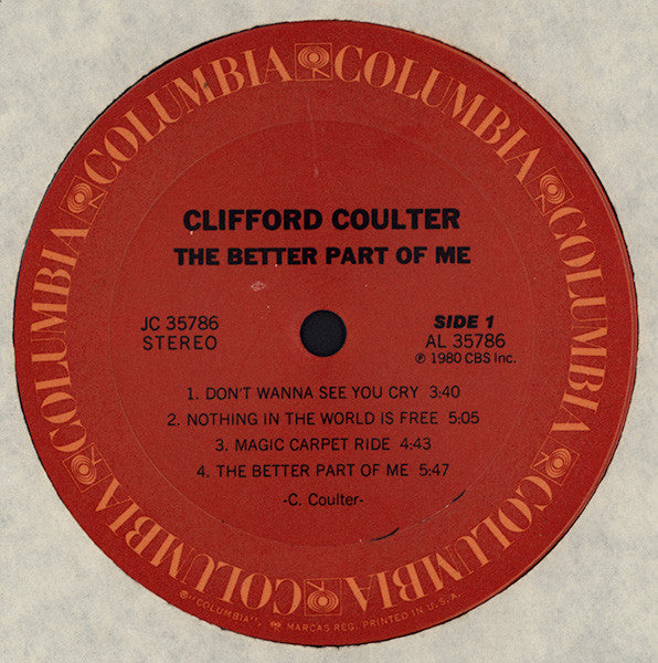Image of Back Cover of LP - VG/VG - CLIFFORD COULTER, Better Part Of Me (CBS; JC 35786, US 1980), ,  - 3046029S