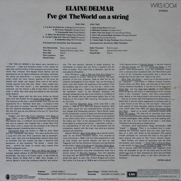 Image of Back Cover of 2924116E: LP - ELAINE DELMAR, I've Got The World On A String (World Records; WRS1004, UK 1976, Picture Sleeve)   VG+/EX