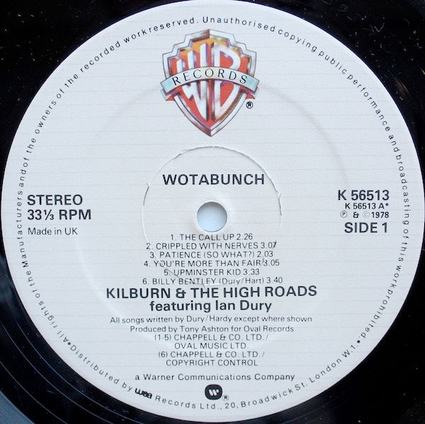 Image of Label Cover of LP - VG/VG - KILBURN AND THE HIGH-ROADS FEATURING IAN DURY, Wotabunch! (Warner Bros; K56513, UK 1978), Light Marks only.,  - 2316324C