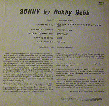 Image of Back Cover of LP - VG/VG - BOBBY HEBB, Sunny by Bobby Hebb (Philips; BL7740, UK 1966, Mono), Light hairlines. Small tear on front cover. Staining on rear.,  - 3626165E