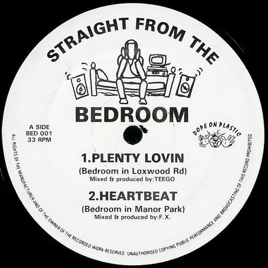 Image of Front Cover of 12" - /G+ - VARIOUS, Straight From The Bedroom - Volume 1 (Straight From The Bedroom; BED 001, UK 1993, Plain Sleeve), A few lighrt marks, minor warp, plays well., A1 Teego - Plenty Lovin (Bedroom In Loxwood Rd)A2 F.X. - Heartbeat (Bedroom In Manor Park)AA1 Human Being - The Box Opened (Bedroom In Space)AA2 On The Same Buzz - Stand Up (Bedroom In Park Lane) - 2526264E