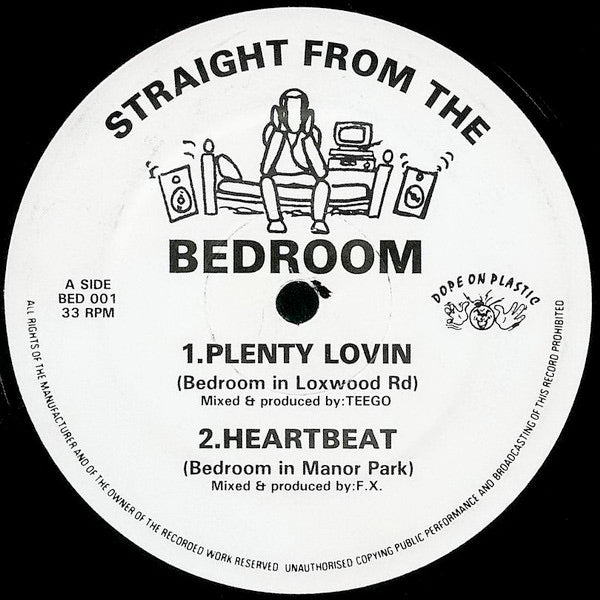 Image of Front Cover of 12" - /G+ - VARIOUS, Straight From The Bedroom - Volume 1 (Straight From The Bedroom; BED 001, UK 1993, Plain Sleeve), A few lighrt marks, minor warp, plays well., A1 Teego - Plenty Lovin (Bedroom In Loxwood Rd)A2 F.X. - Heartbeat (Bedroom In Manor Park)AA1 Human Being - The Box Opened (Bedroom In Space)AA2 On The Same Buzz - Stand Up (Bedroom In Park Lane) - 2526264E