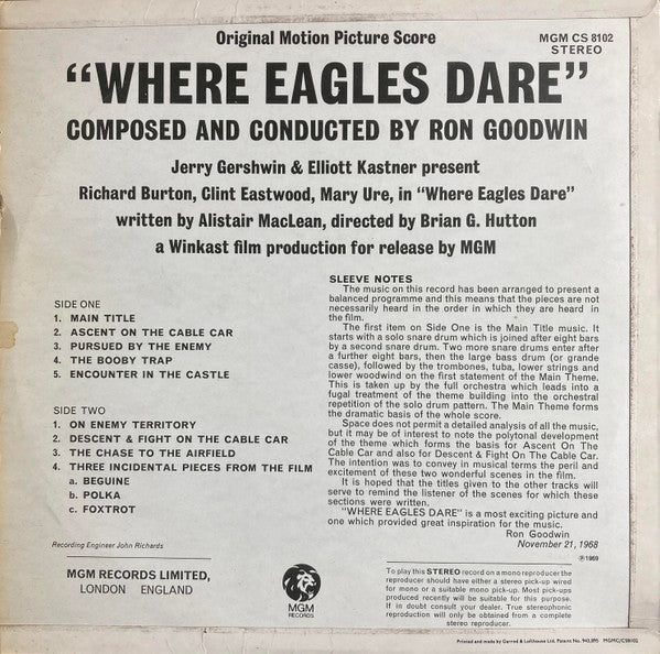 Image of Back Cover of LP - VG/VG+ - RON GOODWIN, Where Eagles Dare - Original Motion Picture Soundtrack (MGM Blue and Gold; CS 8102, UK 1969, Laminated Flipback Sleeve), ,  - 4326304E
