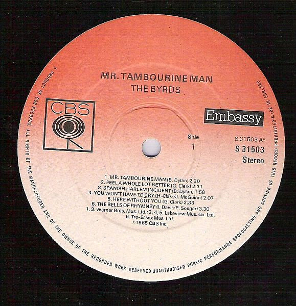 Image of Label Cover of LP - VG/VG+ - THE BYRDS, Mr. Tambourine Man (Embassy; S 31503, UK 1974 Reissue, Laminated Front Sleeve), ,  - 3616399C