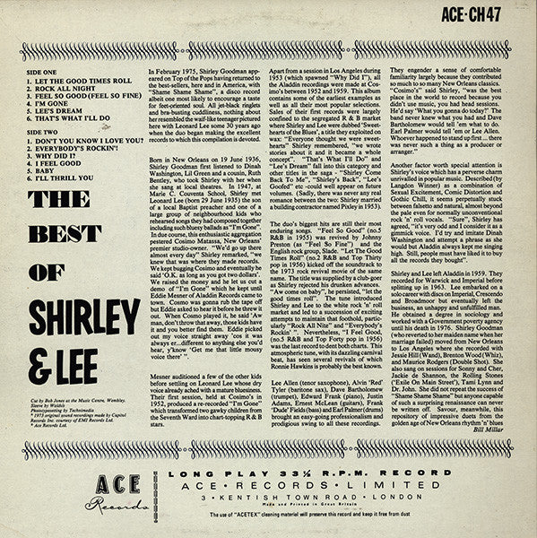 Image of Back Cover of LP - VG/EX - SHIRLEY AND LEE, The Best Of Shirley & Lee (Ace; CH47, UK 1981, Dark Blue Cover), ,  - 4515132C