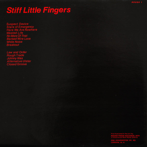 Image of Back Cover of LP - G+/F - STIFF LITTLE FINGERS, Inflammable Material (Rough Trade; ROUGH 1, UK 1979, Inner, Copyright Control On Labels - First Pressing), Disc covered in hairlines and surface marks, Nothing feelable, Sleeve a bit rough around the edges, Inner split at bottom, Filler copy,  - 3316073C