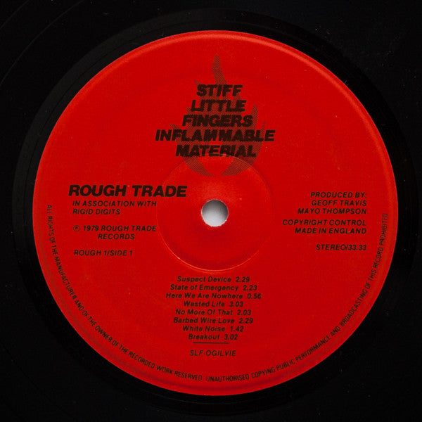 Image of Label Cover of LP - G+/F - STIFF LITTLE FINGERS, Inflammable Material (Rough Trade; ROUGH 1, UK 1979, Inner, Copyright Control On Labels - First Pressing), Disc covered in hairlines and surface marks, Nothing feelable, Sleeve a bit rough around the edges, Inner split at bottom, Filler copy,  - 3316073C