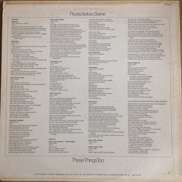 Image of Back Cover of LP - VG/VG+ - PEARLS BEFORE SWINE, These Things Too (Reprise; RS6364, US 1969, Terre Haute pressing), Cut-out (Corner cut), Company Inner,  - 2226230E