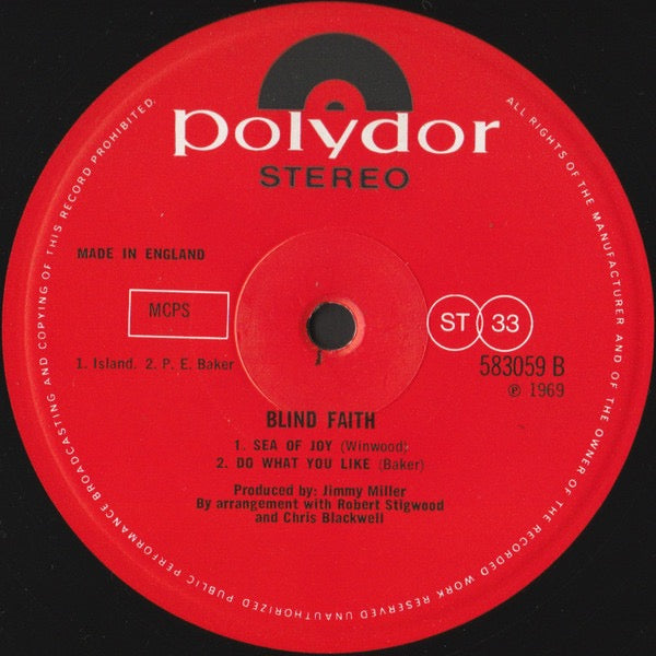 Image of Label Cover of LP - VG/G - BLIND FAITH, Blind Faith (Polydor Red; 583059, UK 1969, Gatefold, No "Distributed by Polydor & Island" Credit Inside Gatefold, A1/B1 Matrices), Fogging on A1/2 plays ok,  - 3626313E
