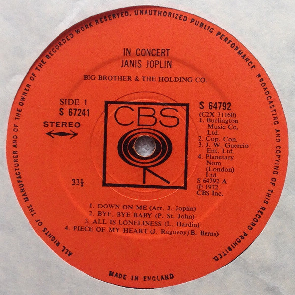 Image of Label Cover of 2xLP - VG+/VG+ - JANIS JOPLIN, Joplin In Concert (CBS Smooth Orange ; S 67241, UK 1972, Textured Gatefold Sleeve), Clean copy with order form, company inners and original stickered sleeve on both sides. ,  - 1916079C
