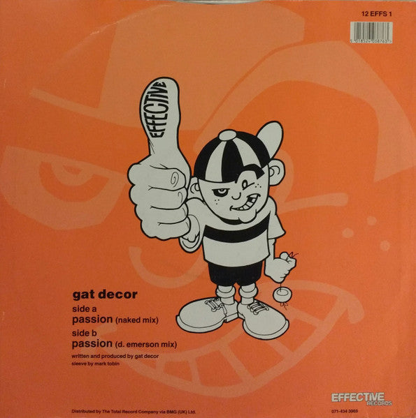 Image of Back Cover of 12" - VG+/VG+ - GAT DECOR, Passion (Effective; 12EFFS1, UK 1992, Picture Sleeve), Small sticker ghost in top right of sleeve. Some very light marks on disc but otherwise lovely condition.,  - 2416615C