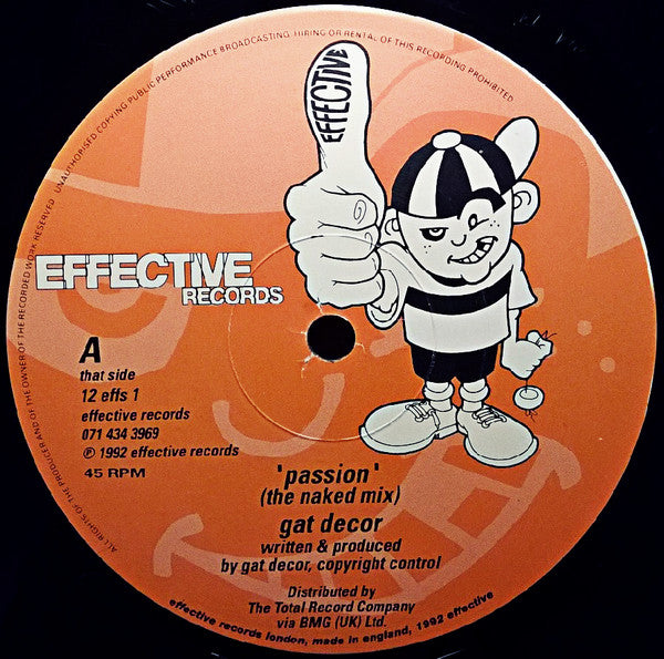 Image of Label Cover of 12" - VG+/VG+ - GAT DECOR, Passion (Effective; 12EFFS1, UK 1992, Picture Sleeve), Small sticker ghost in top right of sleeve. Some very light marks on disc but otherwise lovely condition.,  - 2416615C