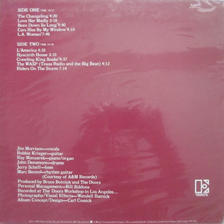 Image of Back Cover of LP - VG/VG+ - THE DOORS, L.A. Woman (Elektra Butterfly; K 42090, UK 1976 Reissue, Debossed Sleeve), Edge and Ring Wear,  - 1726546E