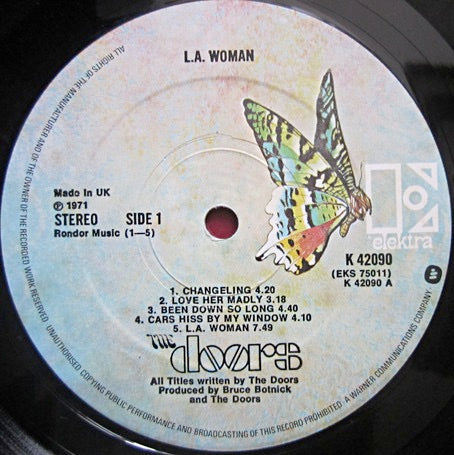 Image of Label Cover of LP - VG/VG+ - THE DOORS, L.A. Woman (Elektra Butterfly; K 42090, UK 1976 Reissue, Debossed Sleeve), Edge and Ring Wear,  - 1726546E